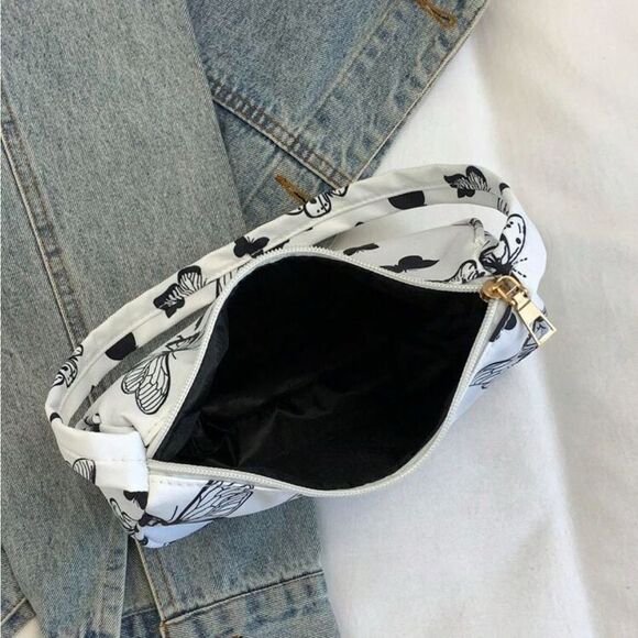 White Butterfly Shoulder Bag Y2K Mini Purse Zip Closure - Picture 2 of 7
